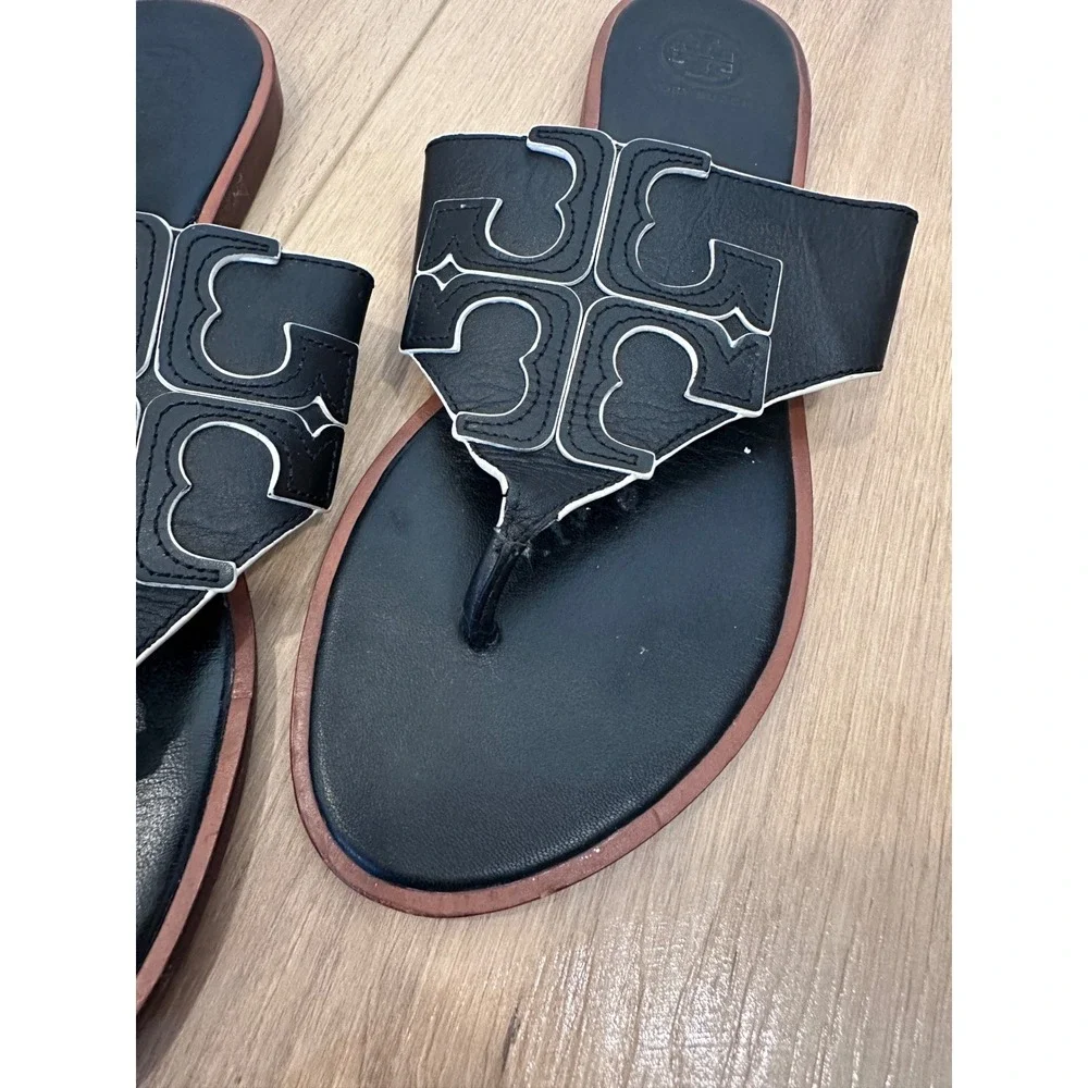 Tory Burch Miller Black Leather Thong Sandals White Contrast Stitching Logo 9.5